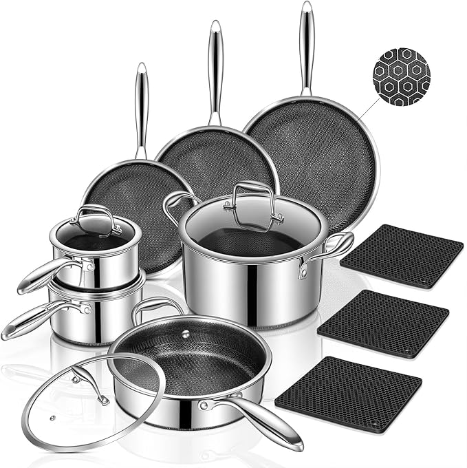 Yoehka 14-Piece Hybrid Stainless Steel Cookware Set, Non-Stick Pots and Pans Set with 3 Silicone Trivets | Induction Compatible Frying Pans, Saucepans, Saute Pan & Stock Pot | Oven Dishwasher Safe