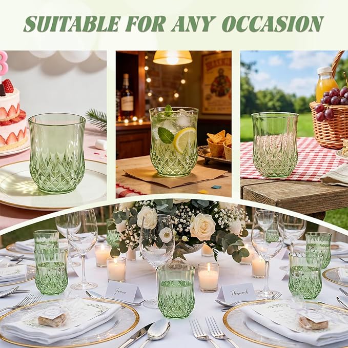 24 Pack Plastic Stemless Wine Glasses,12oz Unbreakable Vintage Elegant Drinking Glass Set,Reusable Fancy Cocktail Cups for Party, Wedding, and Bulk Events (24, 12oz-Sage Green)