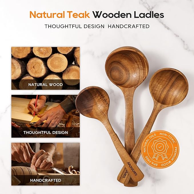 Wooden Ladle for Soup, 3 Size Teak Wood Ladle Spoon with Back Hooks, Heat Resistant Wooden Spoons for Cooking, Non-Stick, Comfortable Grip, Wood Kitchen Utensils Set for Serving, Stirring