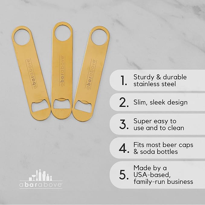 A Bar Above Bottle Opener, Bartender Tool, Flat Bar Blade Speed Opener, Heavy Stainless Steel Beer Cap Lifter With Thumb Hole, Dishwasher Safe Rust Resistant, Bartender Accessories, Gold, Pack of 3