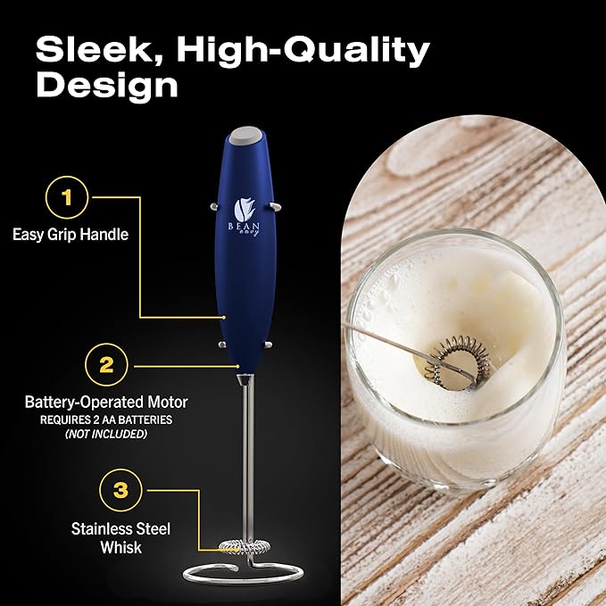 Bean Envy Milk Frother, Coffee Stirrers, Frother Wand, Milk Frother Handheld, Frother with stand, Hand Blender for Coffee, Lattes, Cappuccino, Matcha and Hot Chocolate – Kitchen Gifts - Blue