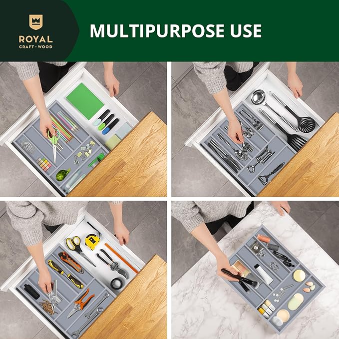 ROYAL CRAFT WOOD Luxury Bamboo Kitchen Drawer Organizer - Silverware Organizer - Utensil Holder and Cutlery Tray with Grooved Drawer Dividers for Flatware and Kitchen Utensils (7 Slot, Gray)