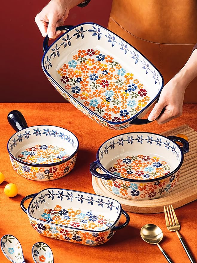 Colorful Cherry Blossom Flowers Vintage Style Ceramic Bakeware Dish Casserole Dish Baking Pan Lasagna Pans with Handles for Oven/Cooking/Kitchen, 1 PCS, 32 oz