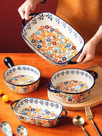 Colorful Cherry Blossom Flowers Vintage Style Ceramic Bakeware Dish Casserole Dish Baking Pan Lasagna Pans with Handles for Oven/Cooking/Kitchen, 1 PCS, 20 oz