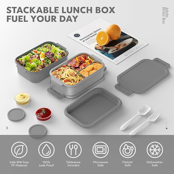 Jelife Adult Bento Box Lunch Box - 3 Layers Stackable Bento Lunch Box for Adults, 72oz Large-Style All-in-One Bento Boxes Leak-Proof Lunchbox with Utensil Sauce Containers for Dining Out,Work, Grey