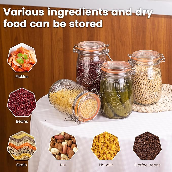 Amzcku Wide Mouth Vintage Mason Jars with Airtight Lid 32oz, Canister Quart Jars for Kitchen Storage - for Coffee, Sugar, Beans 6 Pack