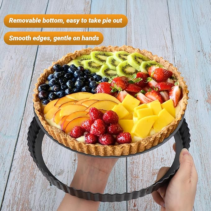 Beasea Tart Pan 10 Inch Removable Bottom, 2pcs 10 Inch Round Non Stick Pie Pans Carbon Steel Loose Base Bottom Tart Quiche Pie Tart Pans for Baking Fruit Cheese Tart Pie Desserts