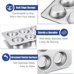 TeamFar Muffin Pan, 6 Cup Muffin Pan for Baking, Cupcake Pan Muffin Tin Tray Set Stainless Steel for Making Cakes Cornbread Quiche and More, Healthy & Durable, Oven & Dishwasher Safe
