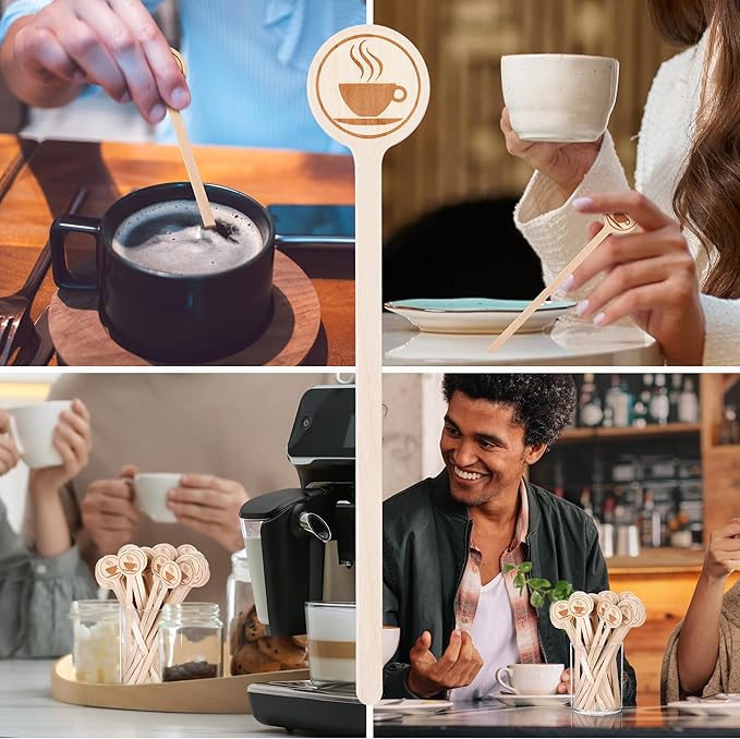 100Pcs Coffee Stirrers-5.9 Inch Natural Wooden Stir Sticks with Round Ends, Disposable Biodegradable Cafe Grade Coffee Stir Sticks Wood Beverage Mixer for Coffee Cocktails Milk Tea