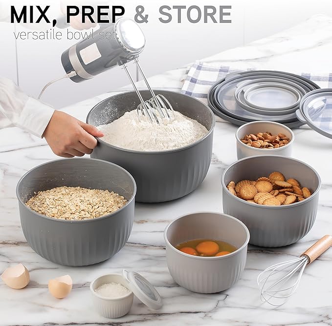 COOK WITH COLOR Prep Bowls with Lids- Wide and Deep Nesting Plastic Small Mixing Bowl Set with Lids, 12 Piece Set - Deep Bowls, Gray