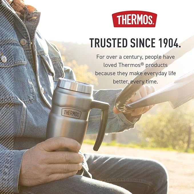 THERMOS Stainless King Vacuum-Insulated Travel Mug with Handle - 16oz, Matte Steel - Thermos Tumbler for Hot & Cold Drinks - Leak-Proof & Sweat-Proof Stainless Steel Coffee Mug with Lid for Commuting