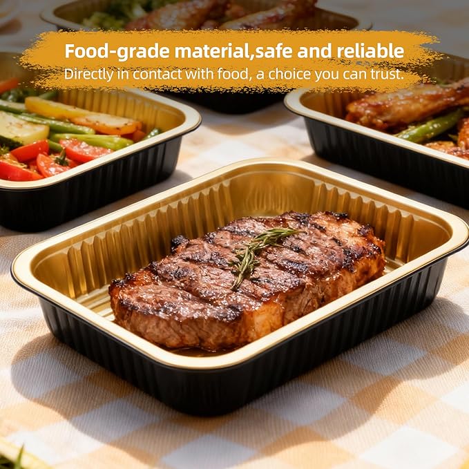 Aluminum Foil Pan with Lids,Heavy Duty Disposable Aluminum Baking Pans,14.57"×10.63" Steam Table Pan for Cooking,Heating, Storing,Prepping Roasting and Chafing (5 Pack Black and Gold w/Lids)