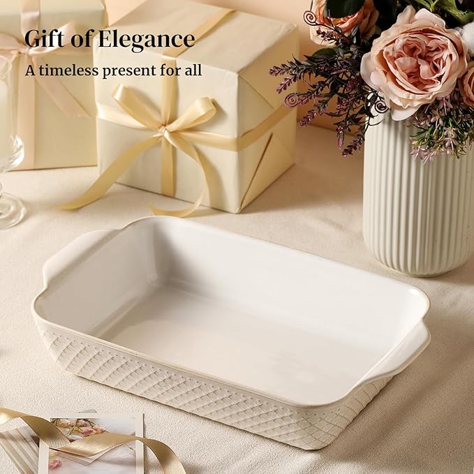 DOWAN 9x13 Deep Lasagna Baking Dish, Ceramic Casserole Dish for Oven, 4 Quarts Embossed Baking Pan with Handles, Oven Safe Bakeware for Roasting, Desserts, Durable & Giftable, Arctic White