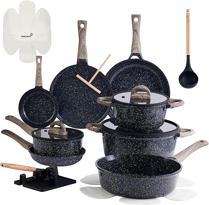 Pots and Pans Set Non Stick Non-Toxic 22 Pcs Ceramic Cookware Sets Nonstick Kitchen Pot&Pan With Lid Black Granite Induction Compatible with Glass Lids Crepe Frying Pan PFOA/PFOS-Free