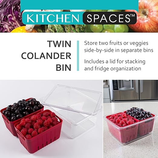 Kitchen Spaces Twin Colander Food Storage Container, Strainer and Fridge Organizer Bin for Fruits and Veggies, Stackable, BPA-Free