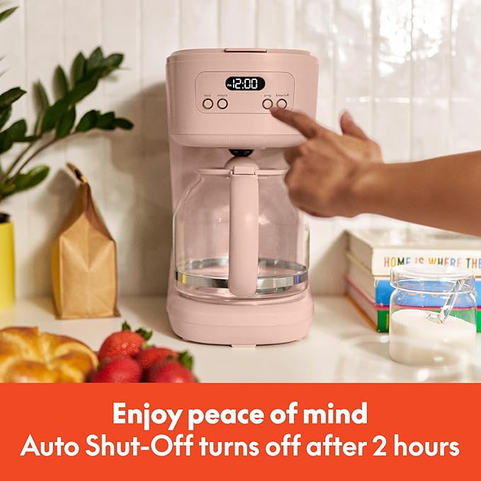 bella 12 Cup Programmable Coffee Marker, Reusable Dishwasher Safe Accessories, Easy LCD diaply, Auto Shutoff, 900 watt, Blossom