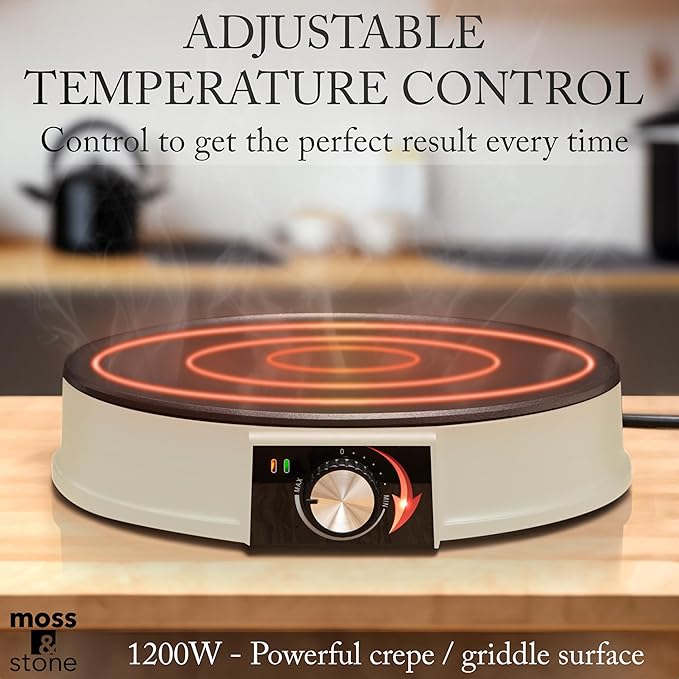 Moss & Stone 12” Electric Griddle Pan & Crepe Machine, Non-Stick Electric Crepe Maker with Adjustable Temperature, Includes Spreader & Spatula – Ideal for Pancakes, Blintzes & Tortillas