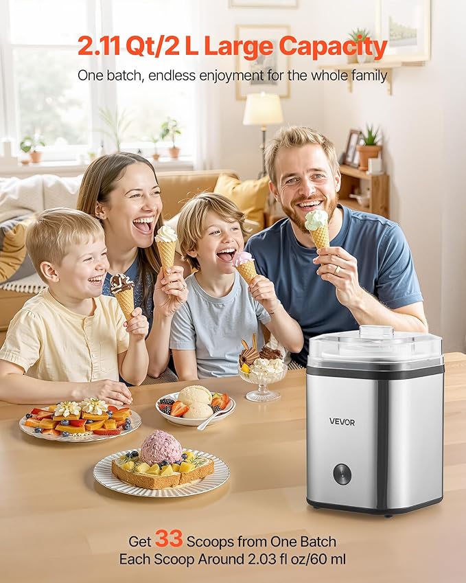 VEVOR Ice Cream Maker, 2.11 Qt. Large Capacity, Electric Automatic Ice-Cream Machine, with Easy Operation & Cleaning, Stainless Steel Shell, for Homemade Frozen Yogurt, Fruit Sorbet, Gelato, Silver