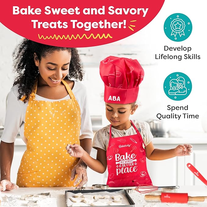 Baketivity Kids Chef Hat and Apron Set for Boys & Girls - One Size Fits All (Adjustable) - Premium, Washable Apron and Hat Set for Cooking - Young Chefs & Junior Bakers Chef Outfit for Kids