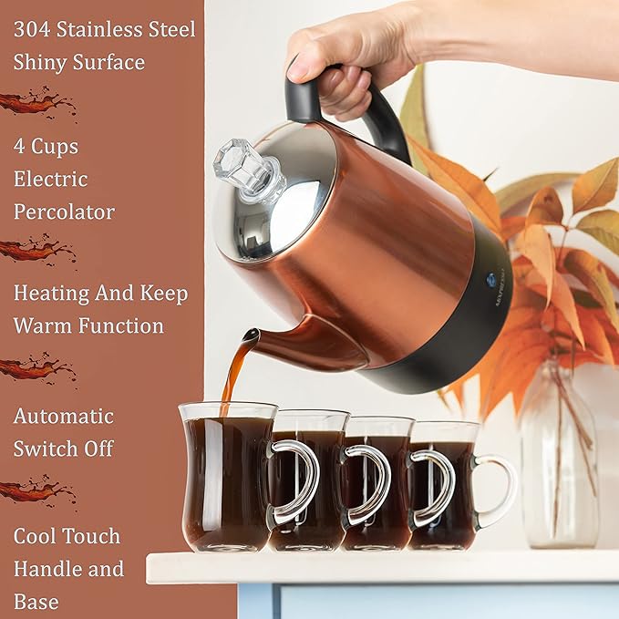 Mixpresso 4 Cup Percolator Coffee Pot Electric, Copper Stainless Steel Coffee Percolator Electric With Keep Warm Function, Classic Perculator Pot With Removable Basket for Home or Office