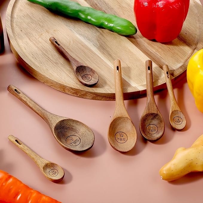6pcs Wooden Measuring Spoons and Scoops Set Natural Acacia Wooden Measuring Spoons Measurings Tablespoons for Measurings Dry Ingredients(1/8 tsp+1/4 tsp+1/2 tsp+1 tsp+1/2 tbsp+1 tbsp)