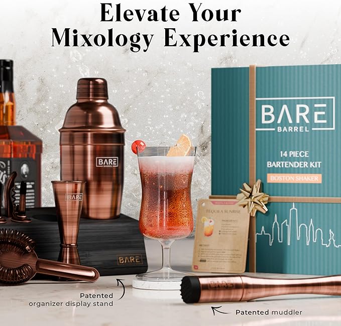BARE BARREL® Mixology Bartender Kit Bar Set | 14-Piece Cocktail Shaker Set | Martini Barware Mixing Tools for Home Bartending | Incl. 35 Recipe Cards | Gift Set (24oz Cobbler Shaker, Copper/Black)