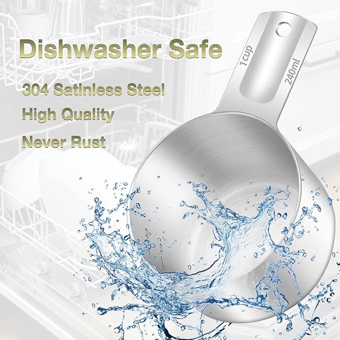 2PCS 1Cup (240ml, 8oz) Single Measuring Cup, Etched Inner Scale Stainless Steel Measure Scoop, Metric and US Measurement, Dishwasher Safe