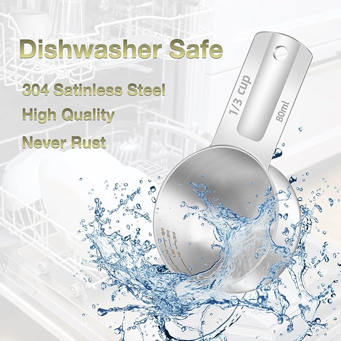 1PCS 1/3Cup (80ml, 2.6oz) Single Measuring Cup, Etched Inner Scale Stainless Steel Measure Scoop, Metric and US Measurement, Dishwasher Safe