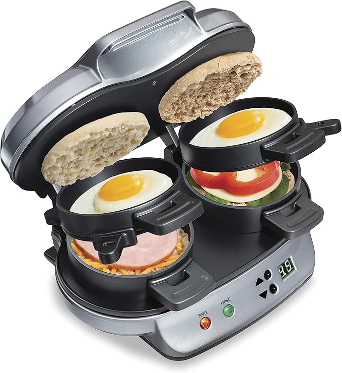 Hamilton Beach Dual Breakfast Sandwich Maker with Timer, Ready in 5 Minutes, Removable Dishwasher Safe PFAS-Free Non-Stick Egg Cooker Ring, Silver (25490MNA)