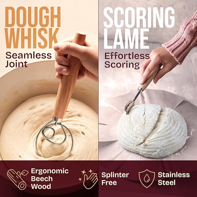 Superbaking Sourdough Starter Kit, 9" Round Banneton Bread Proofing Basket Set, Sourdough Bread Baking Supplies, Sourdough Tools with Silicone Bread Sling, Bread Making Tools, Baking Gifts