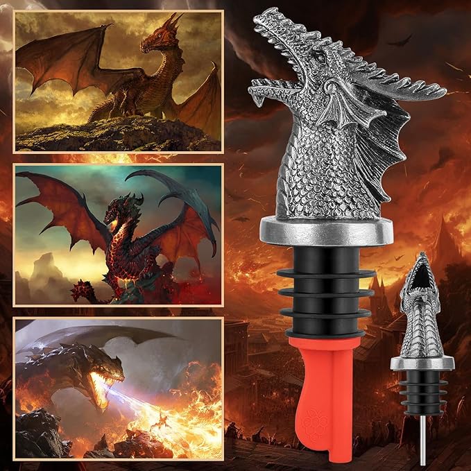 Dragon Head 2-In-1 Wine Bottle Pourer and Stopper, Gifts for Men Women Dragon Fans, Liquor Bottle Pourers Spout for Alcohol Spirits, Wine Accessories, Dark Silver