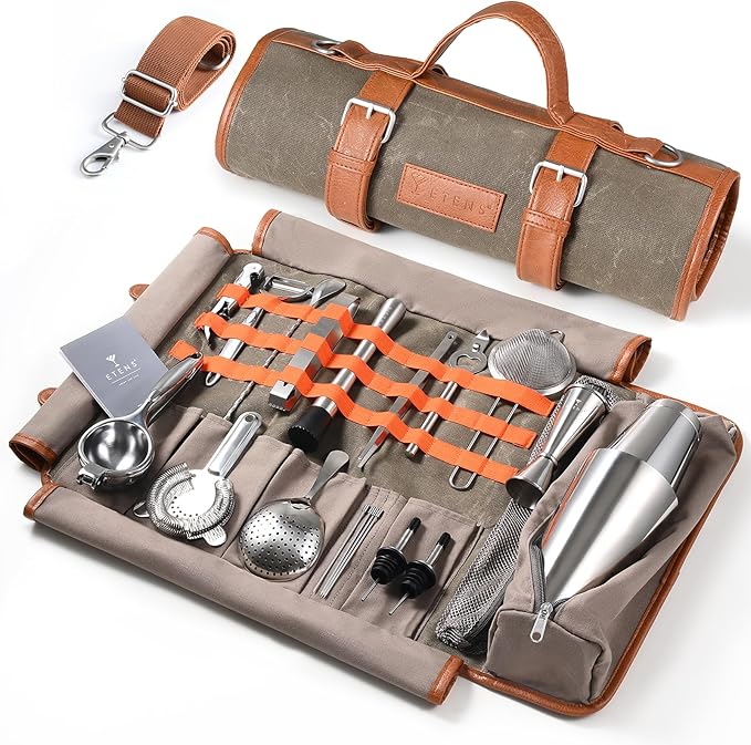 Etens Travel Bartender Kit – 22-Pc Bartending Kit with Bar Tools Bartender Accessories, Waxed Canvas Tool Bag – Professional Stainless Steel Bar Tools Set with Standard Jigger, Unbreakable Squeezer