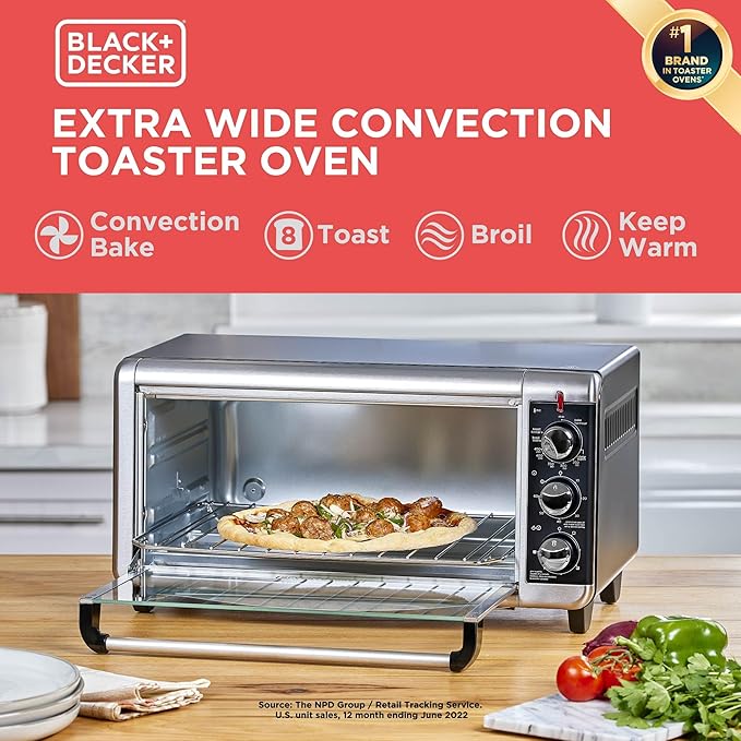 BLACK+DECKER TO3250XSBD 8-Slice Extra Wide Convection Countertop Toaster Oven, Includes Bake Pan, Broil Rack & Toasting Rack, Stainless Steel/Black