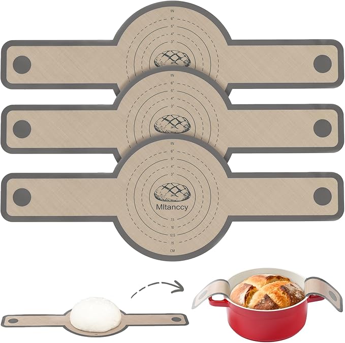 3 PCS Silicone Bread Sling for Dutch Oven Liners, Non Stick & Easy to Clean Silicone Bread Baking Mat with Extra Long Handles, Reusable Round Silicone Baking Mats to Transfer Sourdough Bread