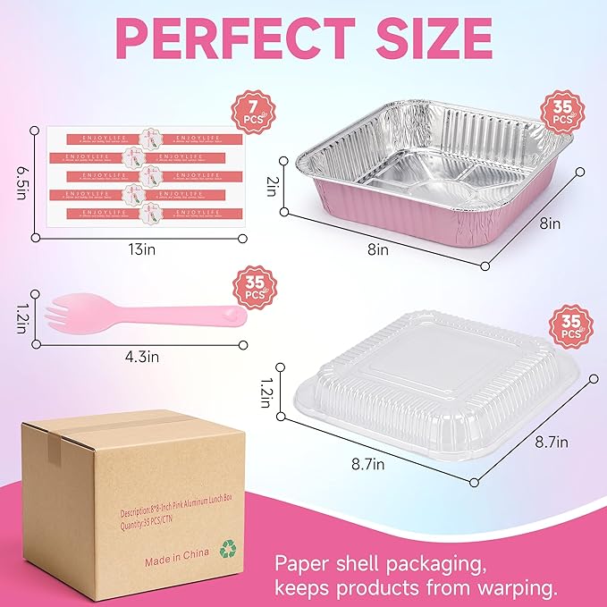 (35 Pack)Pink 8x8 Inch Disposable Aluminum Foil Pans&Square Cake Pans for Parties, Clear Plastic Lids,Eco-Friendly Baking Trays with Stickers&Cake Spoons,Picnics,Casseroles,Takeout,Recyclable Cookware