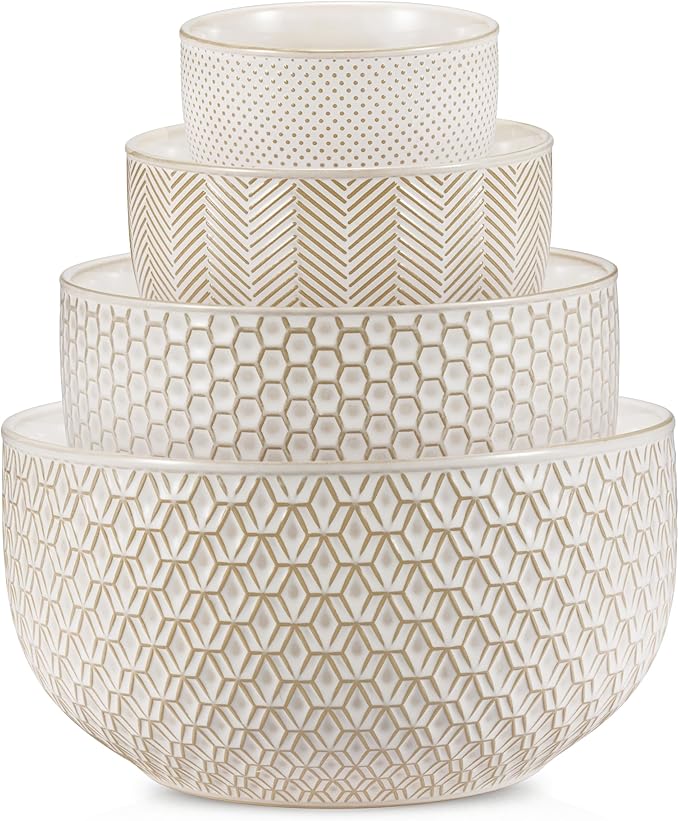 KooK Ceramic Mixing Bowls, Nesting Set of 4, Embossed Kitchen Dishware, Prep, Serving, Gift, Microwave and Dishwasher Safe, 20/44/98/145 oz, Narbonne Collection (Ivory)