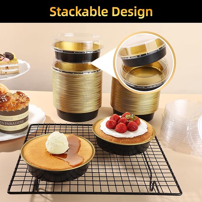 Beasea Disposable Creme Brulee Ramekins with Lids, 120 Pack 4 Inch 8oz Mini Pie Tins Black Gold Mini Small Aluminum Foil Pie Tart Cake Baking Pans Individual Round Containers Oven Safe for Baking