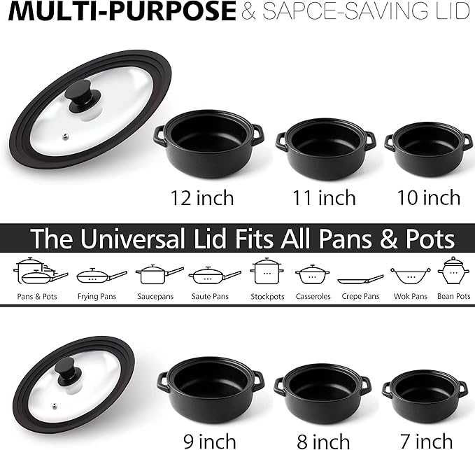 Anaeat Silicone Universal Lid for Pots, Pans and Skillets - Tempered Glass Covered with Heat Resistant Silicone Rim Fits All 7" to 12" Diameter Cookware -Easy to Use Replacement Frying Pan Cover