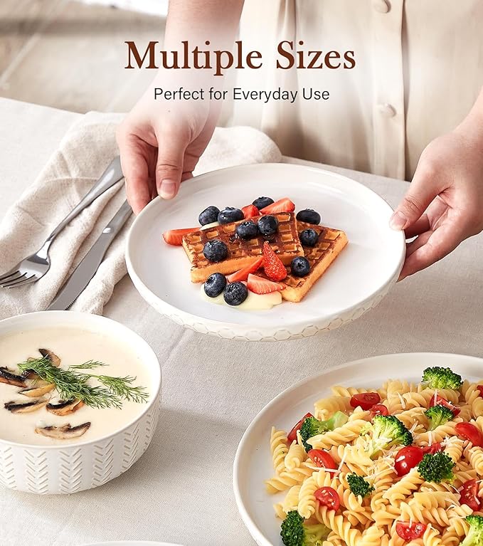24 Piece Dinnerware Sets for 8 - Farmhouse Style Stoneware Plates and Bowls Sets - Scratch Resistant & Dishwasher Safe, Embossed Boho Ceramic Dish Set, Stack Compactly Dishware - Vintage White