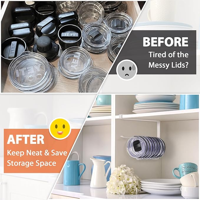 Tumbler Lid Organizer, Horizontal Tumbler Lid Storage Hook Up to 10 Lids, Space Saving Cup Lid Holders Under Cabinet Tumbler Lid Hook for Kitchen Organizer and Storage, Paper Towel Rack Hanger (White)