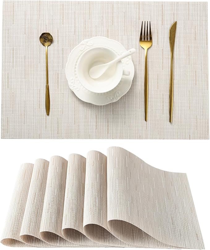 Leetaltree Pale Beige Placemats Set of 6 - Heat Resistant Non-Slip Place mats for Dining Table, Washable Durable PVC Vinyl Woven Table Mats（Pale Beige, 6）