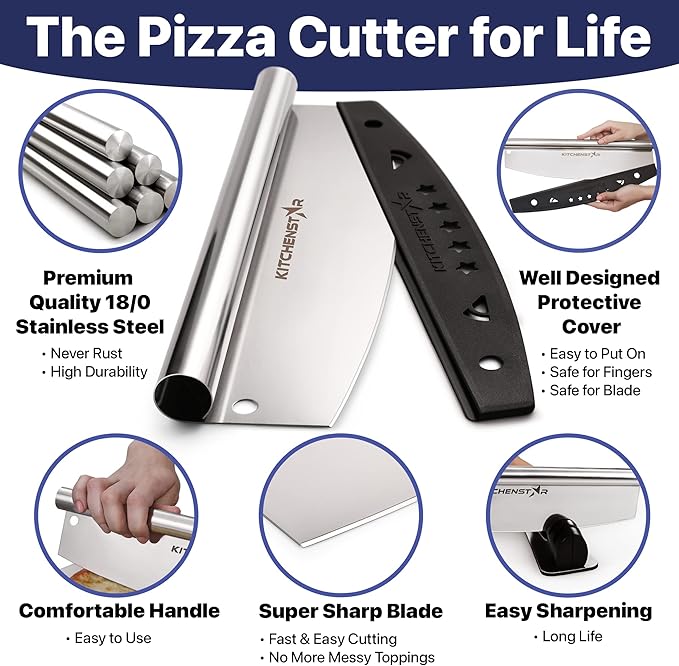 KitchenStar 12-Inch Pizza Cutter Rocker Blade - Sharp Stainless Steel Slicer Knife, Protective Cover, Dishwasher Safe, Small - Professional Pizza Oven Accessories