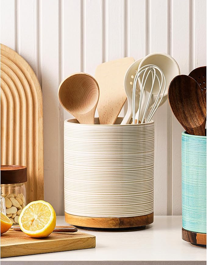 Utensil Holder, 360° Rotating Extra Large Ceramic Kitchen Utensil Holder for Countertop, 7.3“ Cooking Utensil Crocks for Kitchen Counter with Rotatable Wooden Base, Farmhouse Decor, Arctic White