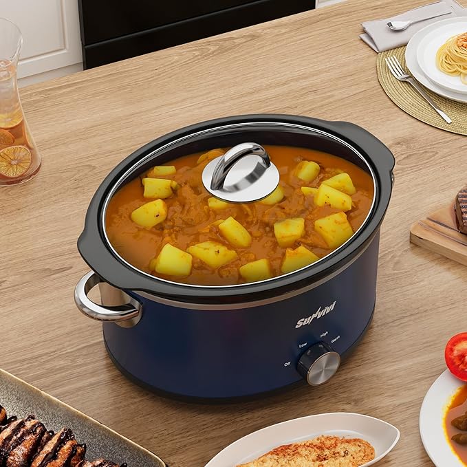 Sunvivi 3 Quart Slow Cooker & Mini Food Warmer with 3 Heating Settings, Removable Ceramic Pot, Dishwasher Safe Glass Lid, Stainless Steel, Blue
