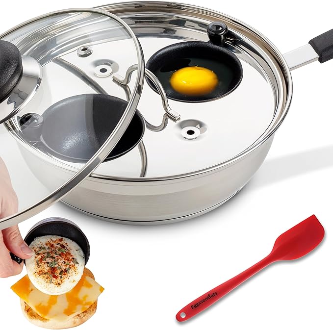Eggssentials Egg Poacher Pan Nonstick Coating - Poached Egg Cooker, Stainless Steel Egg Poaching Pan PFOA Free with Spatula, Poached Egg Maker, Egg Poachers Cookware