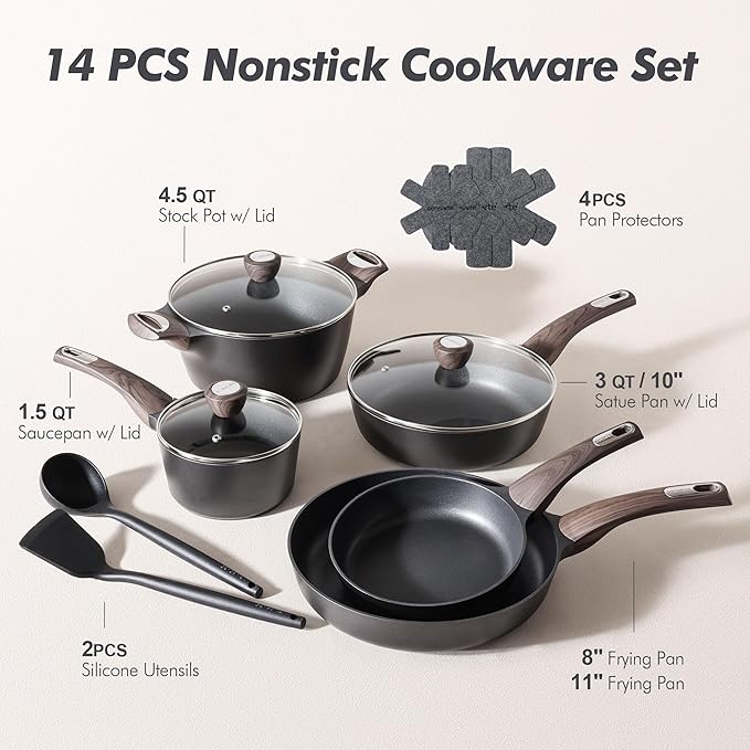SENSARTE Pots and Pans Set Non stick, Non toxic Healthy Induction Cookware Sets, 14 Pcs Non Stick Kitchen Cooking Set with Frying Pans Set & Saucepan, PFOA PFOS APEO Free, Black