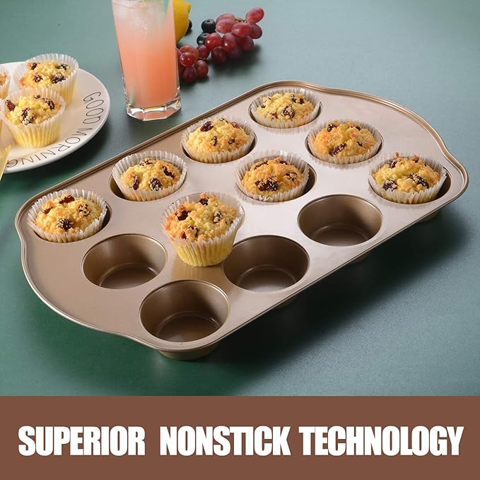 Nonstick Muffin & Cupcake Pan Set (2 Pack) - 12 Cup Regular + 24 Cup Mini Muffin Tins | Heavy Duty Gold Carbon Steel, Rust-Resistant, Easy Release