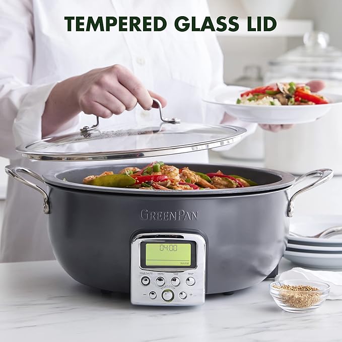 GreenPan Elite Essential Smart Electric 6QT Skillet Pot, Presets to Sear Saute Stir-Fry and Cook Rice, Healthy Ceramic Nonstick and Dishwasher Safe Parts, Easy-to-use LED Display, Graphite