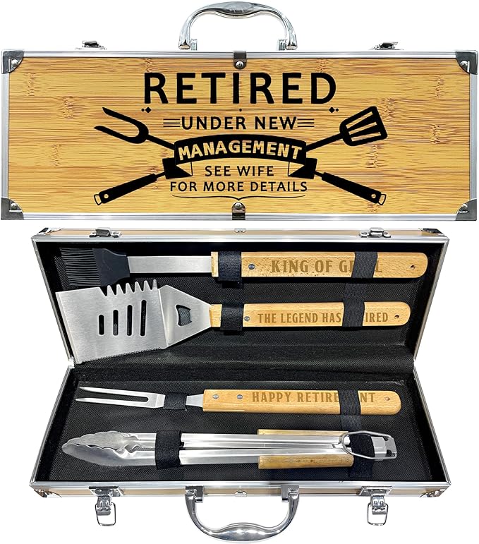 Retirement Gifts for Men, Retired Gift for Dad, Grandpa, Coworker, Retirees Heavy Duty Wooden BBQ Grill Accessories Kit, Thick Stainless Steel Grill Utensil with Non-Slip Handle Tools in Portable Box