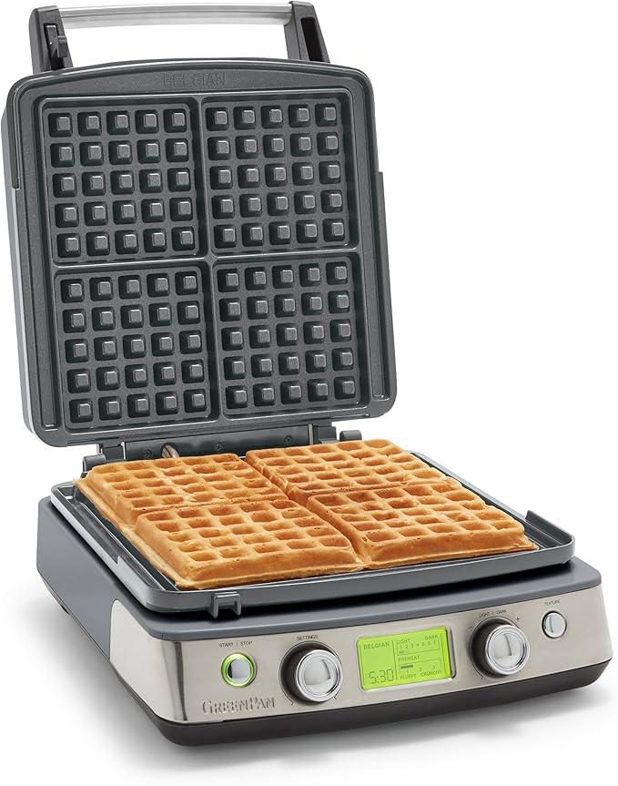 GreenPan Elite 4-Square Belgian & Classic Waffle Maker,Healthy Ceramic Nonstick Dishwasher Safe Plate, Adjustable Shade/Crunch Control, Wont Overflow, Easy Clean, Breakfast,PFAS-Free,Graphite
